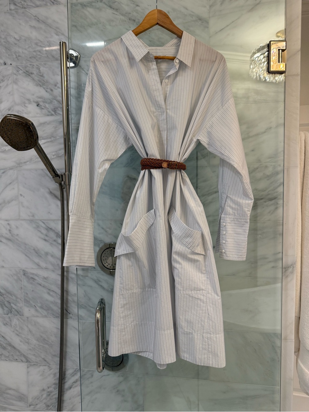 Gerard Darel Light Blue and White Pinstripe Midi Shirt Dress